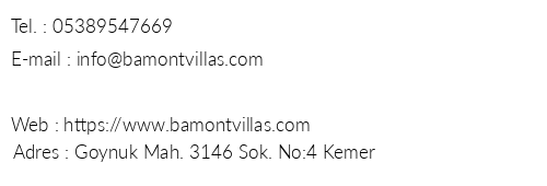 Bamont Villas telefon numaralar, faks, e-mail, posta adresi ve iletiim bilgileri
